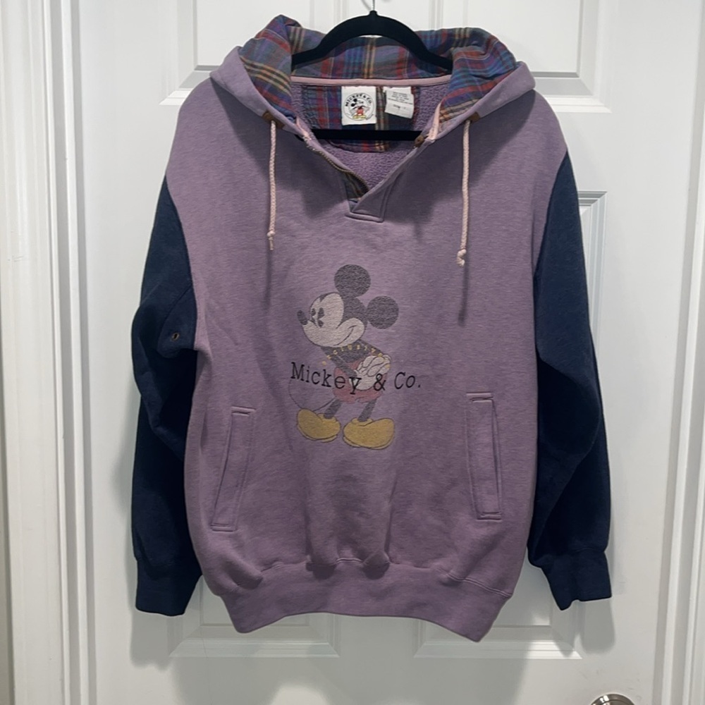 Vintage Mickey Mouse Hoodie Plaid Purple Navy VTG Colorblock Disney